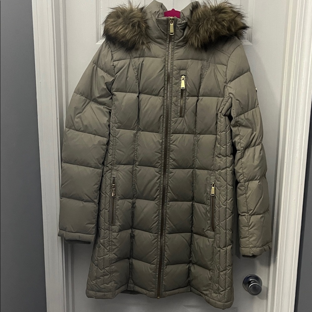 Michael Kors Grey Puffer Coat with Faux Fur Hood